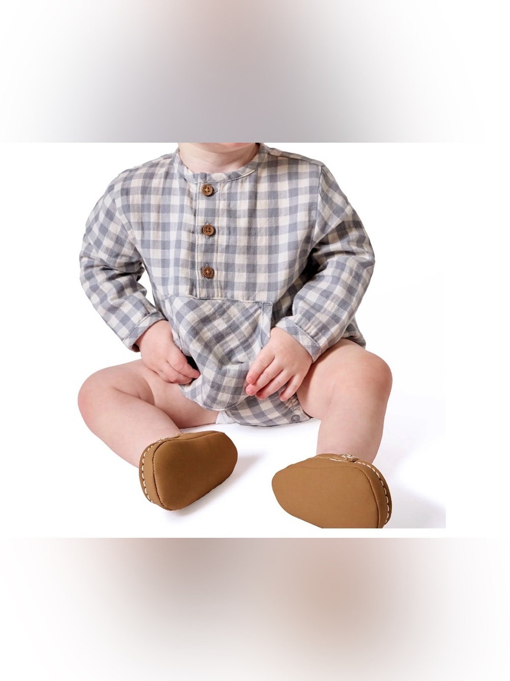 (450)Baby Plaid Button Romper in Gray & Cream